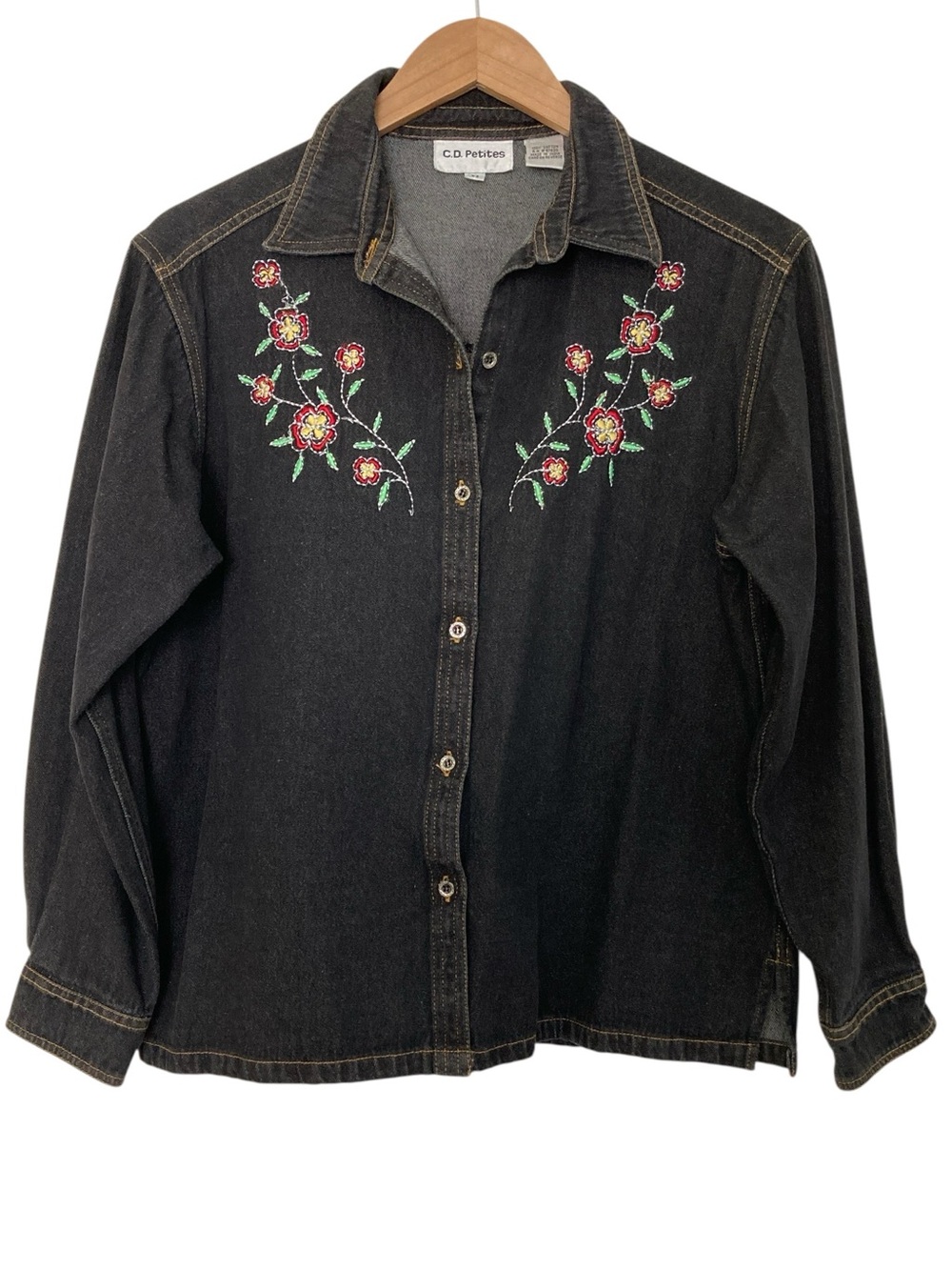 CD Petites Black Embroidered Denim Shirt Jacket, Size PM